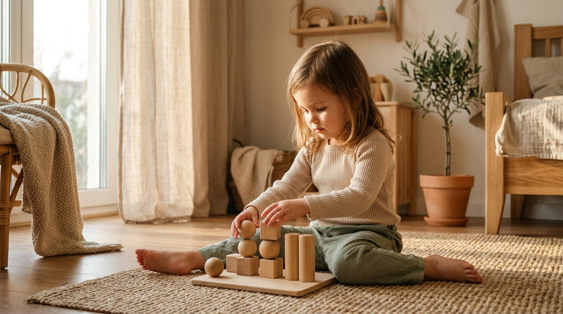Enfant jouant sereinement avec des blocs sensoriels en bois sur un tapis dans une chambre lumineuse