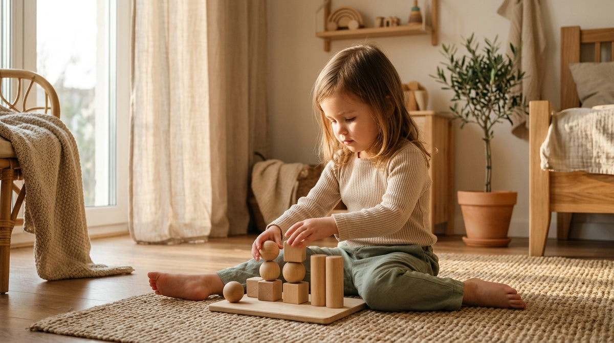 Enfant jouant sereinement avec des blocs sensoriels en bois sur un tapis dans une chambre lumineuse