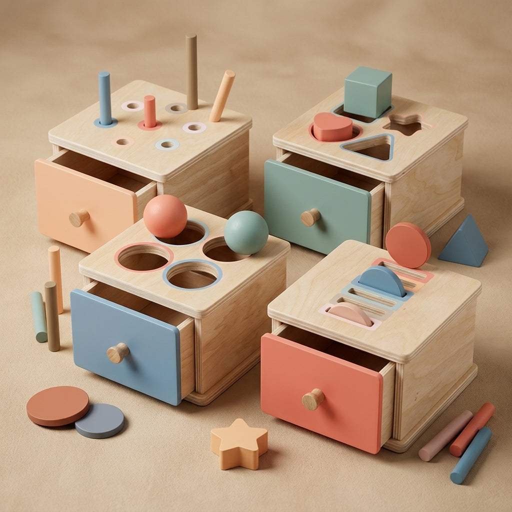 Boîtes Montessori — vue de trois quarts