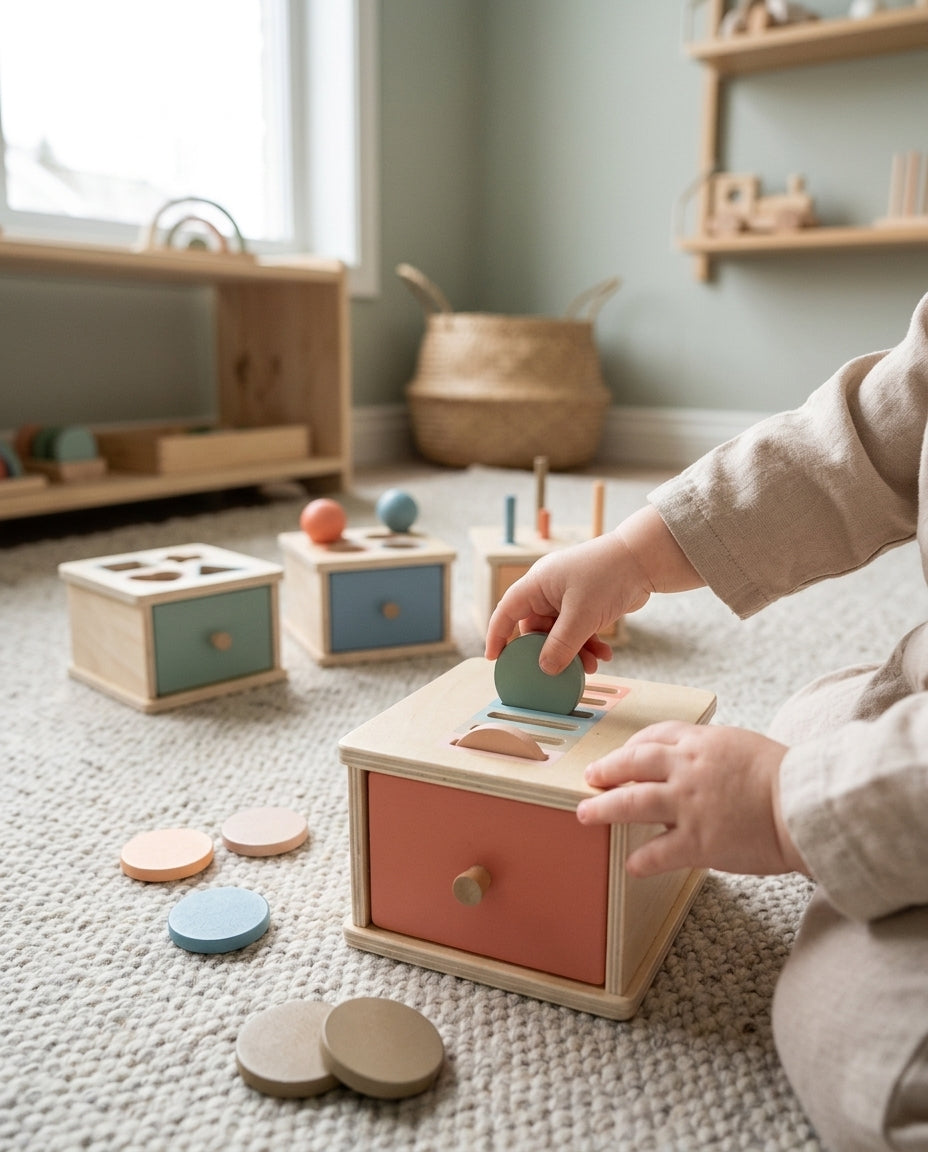Enfant jouant avec les boîtes d’activités Kalme
