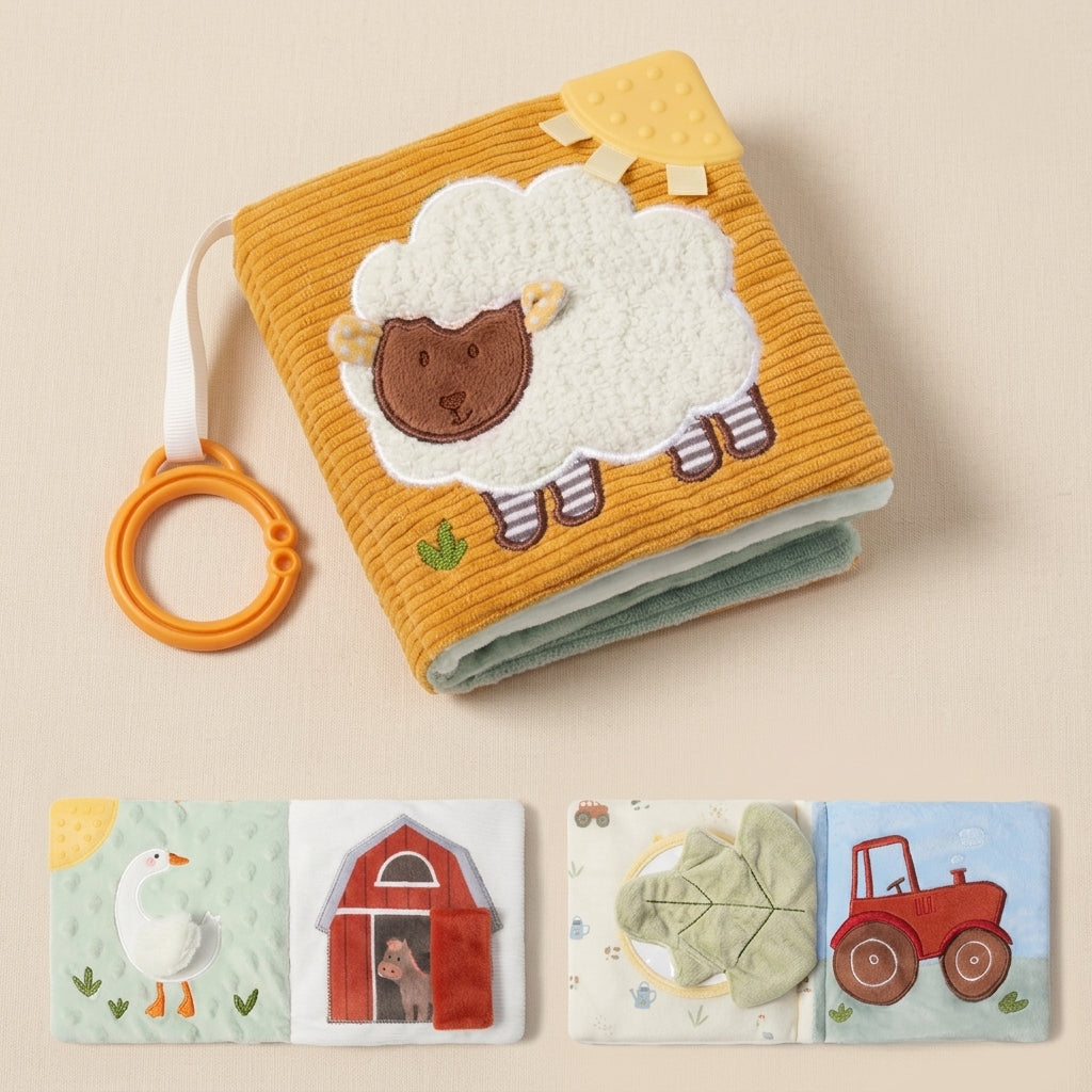Pages du livre en tissu — oie, grange, tracteur