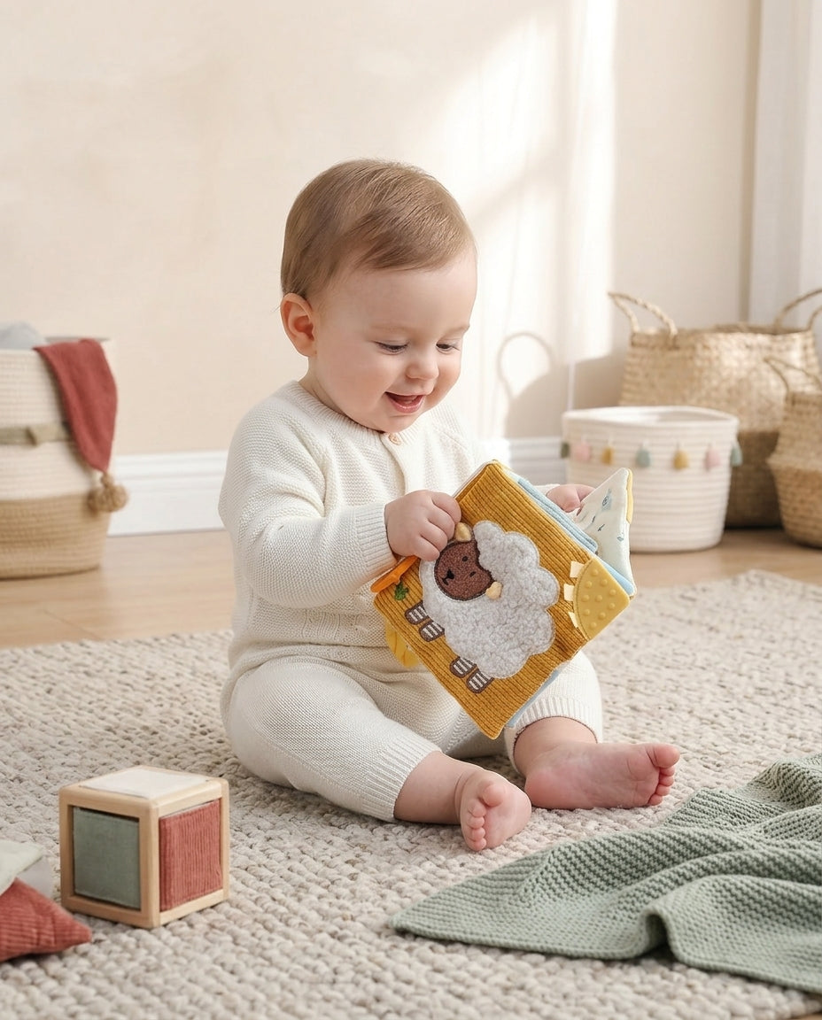 Bébé qui tient le livre en tissu de la ferme