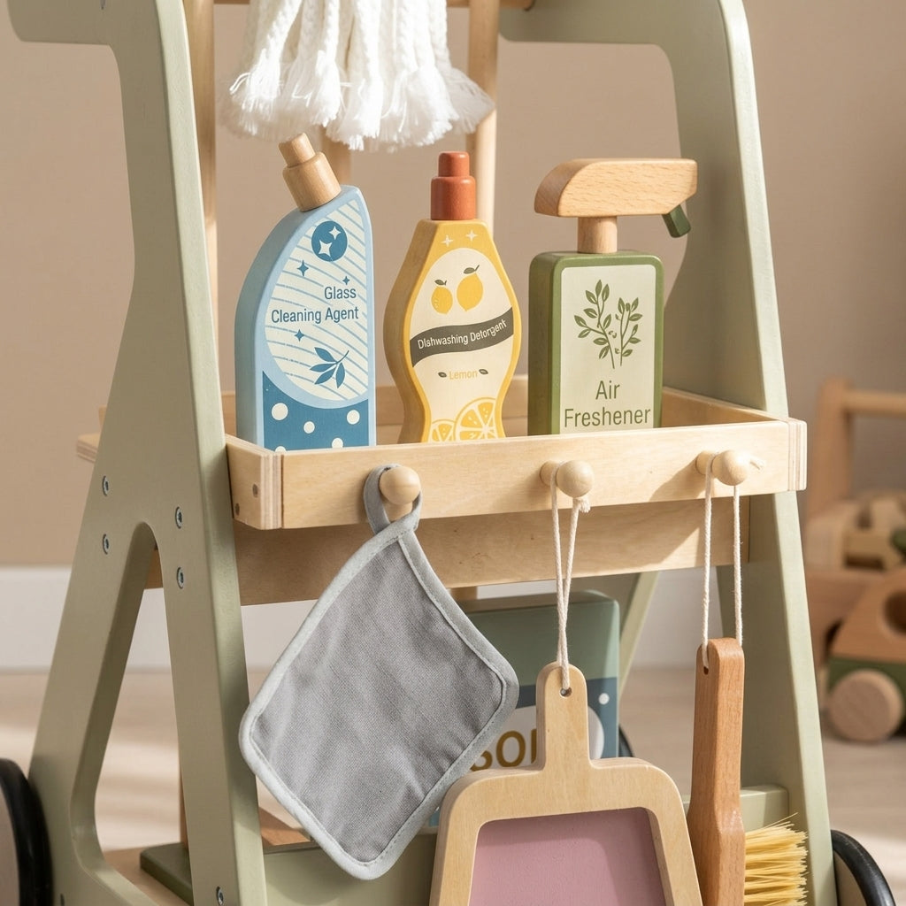 Détail des flacons, de la pelle et de la brosse