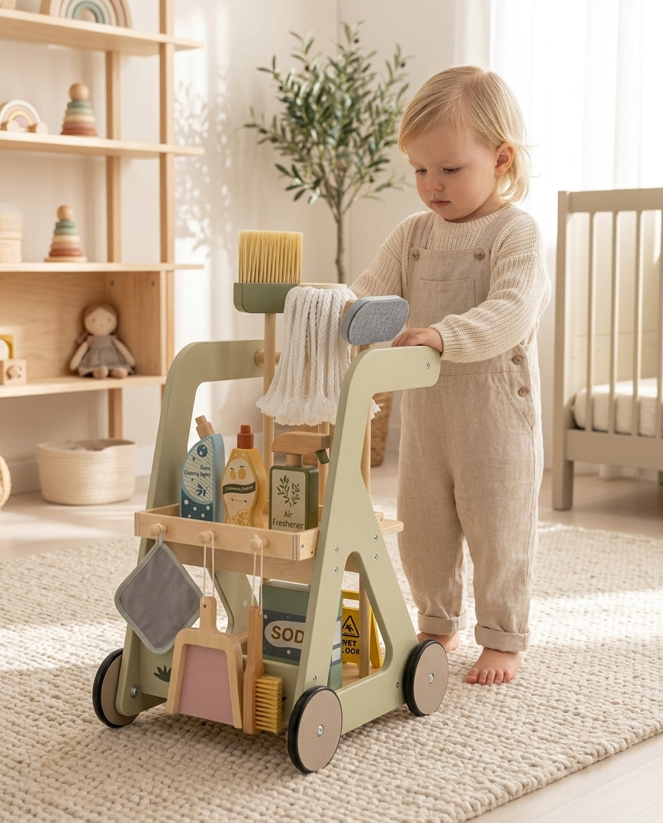 Enfant qui pousse le chariot de ménage