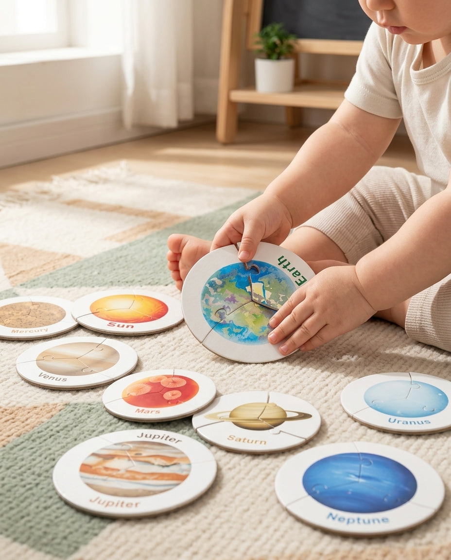 Enfant qui assemble les puzzles planètes sur un tapis