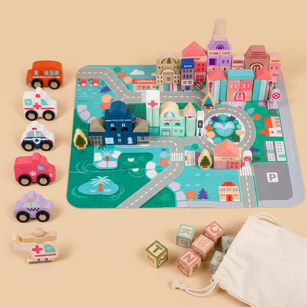 Contenu : tapis puzzle, véhicules, blocs et sac