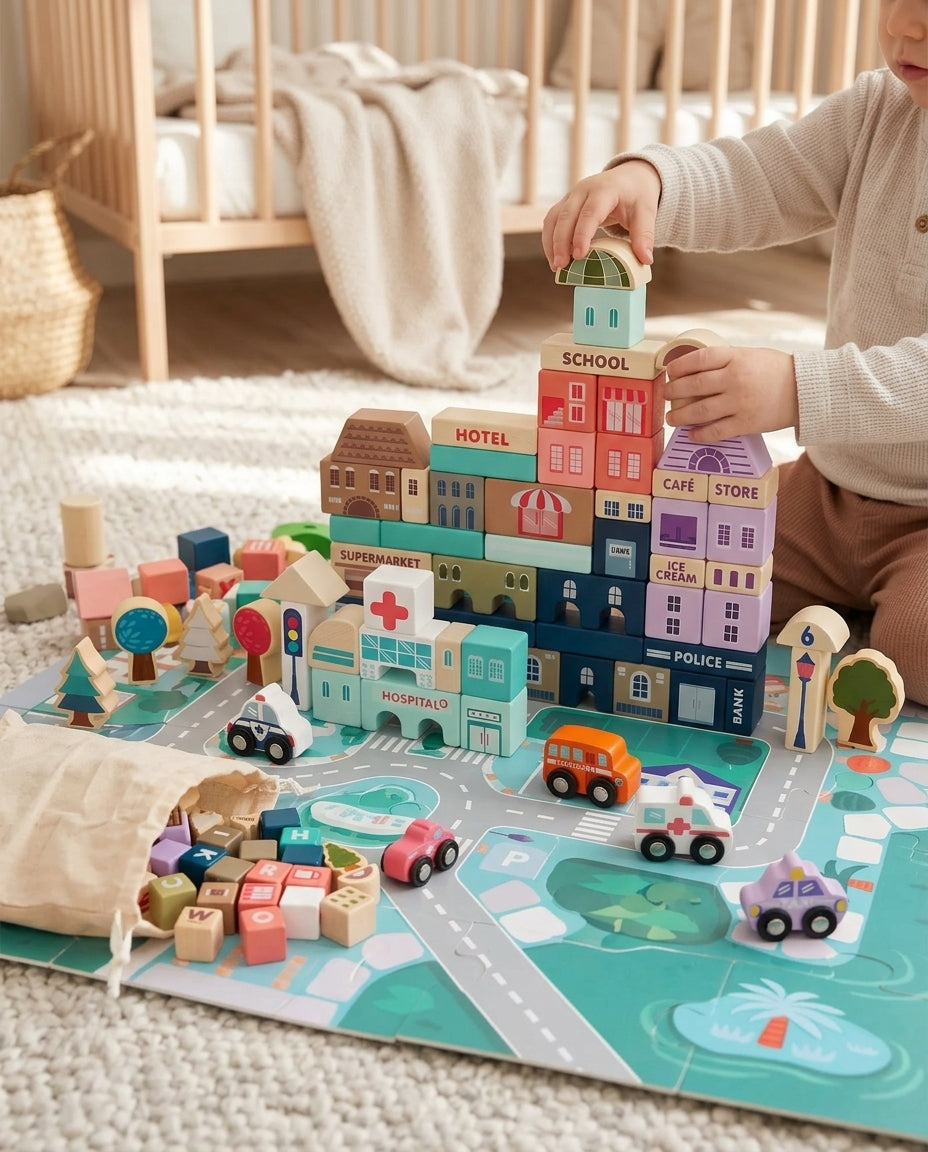 Enfant qui construit la ville en bois sur le tapis