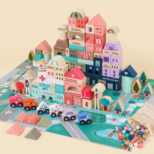 Coffret ville en bois — tapis puzzle et bâtiments