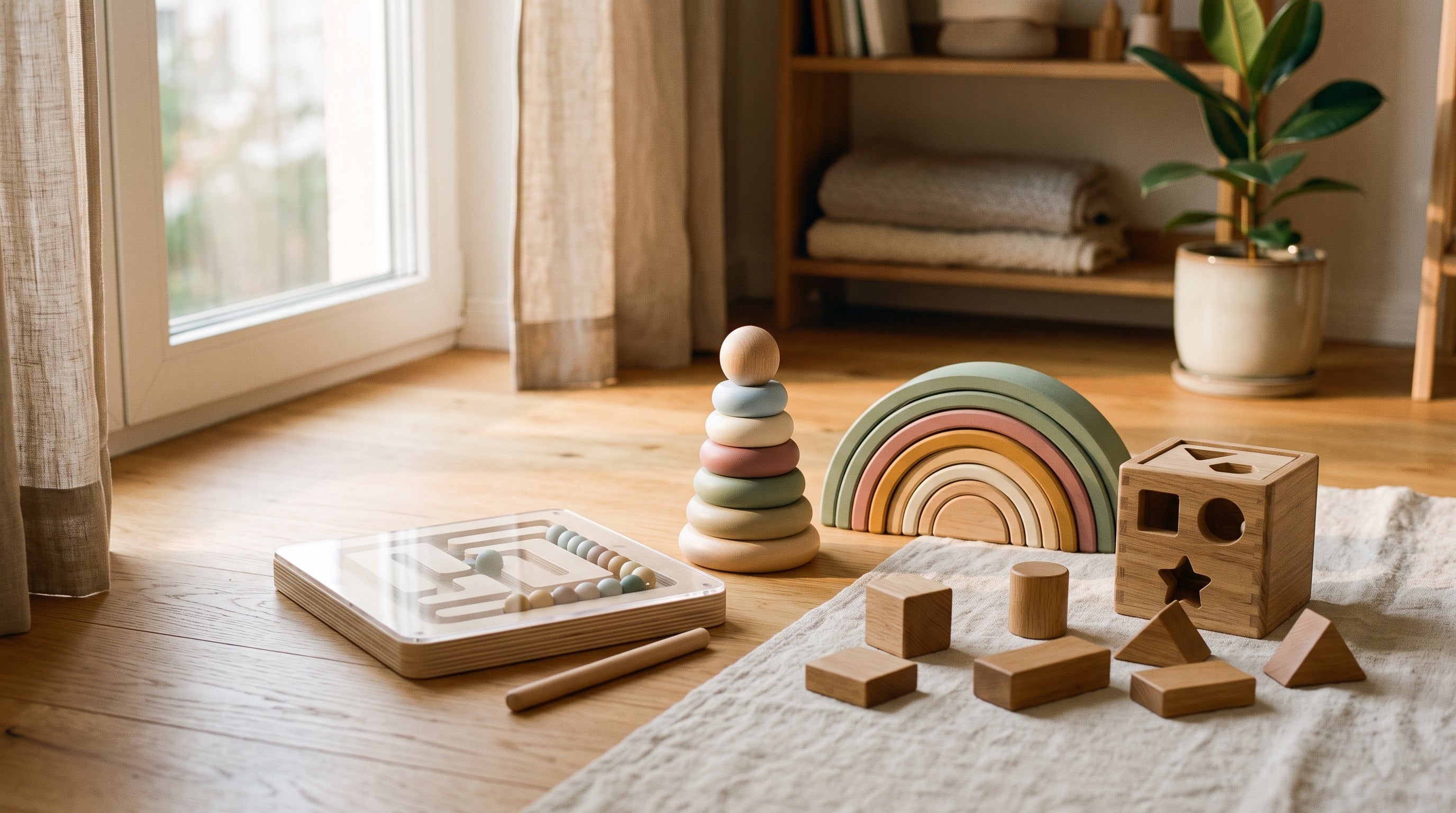 Une sélection de jeux en bois posés au sol, sur un tapis de lin