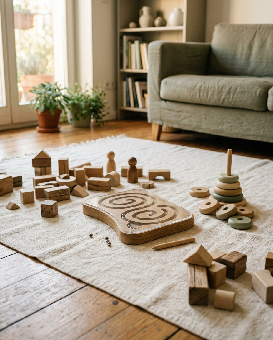 Jeux en bois laissés en cours de partie, sur un tapis de lin