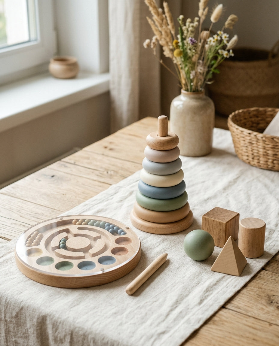 Une sélection courte de jeux en bois posés sur du lin