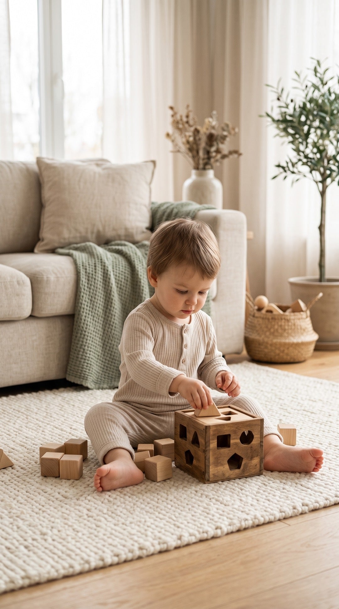 Enfant qui joue avec des formes en bois, sans écran