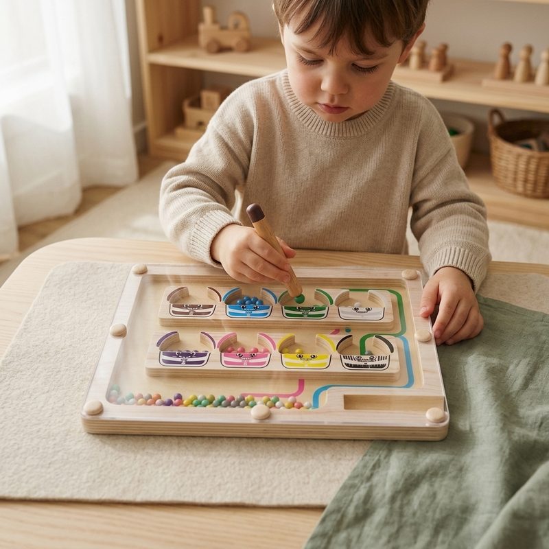 Enfant de 3 à 5 ans concentré sur un jeu de construction